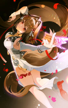 1girl absurdres animal_ear_fluff animal_ears armlet arms_up black_shoes bracelet breasts brown_hair brown_tail china_dress chinese_clothes cleavage closed_mouth clover clover_hair_ornament commentary dark_background dress droopy_ears from_behind hair_ornament hairband highres jewelry large_breasts leg_tattoo long_hair looking_at_viewer looking_back los-sin metal_bracelet pelvic_curtain red_eyes revision shoes silver_armlet silver_bracelet smile solo tail tattoo very_long_hair white_dress white_hairband ye_shunguang zenless_zone_zero