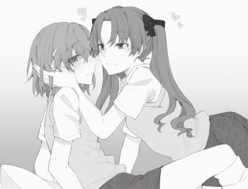 Rule 34 | 2girls, arm up, blush, commentary request, dress shirt, from side, grey background, greyscale, hair between eyes, hand in another's hair, heart, higashizukihi sei, highres, long hair, looking to the side, loose socks, medium hair, misaka mikoto, monochrome, multiple girls, school uniform, shirai kuroko, shirt, short hair, short sleeves, socks, sweatdrop, sweater vest, toaru kagaku no railgun, toaru majutsu no index, tokiwadai school uniform, twintails, two side up, wavy hair, yuri