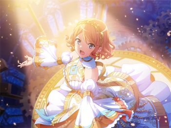 1girl detached_sleeves dress earrings ebisu_tsukasa game_cg gears headpiece jewelry light_rays looking_at_viewer official_art orange_hair purple_eyes shoujo_kageki_revue_starlight shoujo_kageki_revue_starlight_-re_live- solo standing tarot upper_body white_dress white_sleeves wide_sleeves