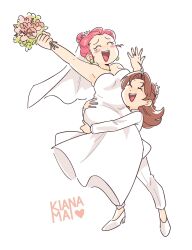 Rule 34 | 2girls, absurdres, ahoge, alternate hairstyle, armpits, artist name, blush, bouquet, bridal veil, brown hair, closed eyes, commentary, creatures (company), dahlia (pokemon), dress, earrings, english commentary, flower, game freak, high heels, highres, holding, holding bouquet, jessie (pokemon), jewelry, kiana mai, lipstick, long hair, makeup, multiple girls, necklace, nintendo, open mouth, pokemon, pokemon (anime), red hair, ring, shoes, simple background, smile, tears, teeth, upper teeth only, veil, wedding dress, wedding ring, white background, wife and wife, yuri