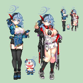 1girl ako_(blue_archive) alternate_costume bell blue_archive blue_eyes blue_hair blue_halo blush breasts commentary_request doraemon doraemon_(character) dress fusion gloves hair_between_eyes hairband halo keykey117117 large_breasts long_hair looking_at_viewer multiple_girls neck_bell official_alternate_costume open_mouth pixel_art sideboob simple_background solo