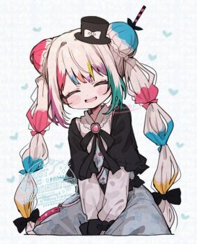 Rule 34 | 1girl, black capelet, black hat, blue skirt, blush stickers, book off, braid, bun with braided base, capelet, closed eyes, cowboy shot, double bun, facing viewer, hair bun, hashtag-only commentary, hat, jogasaki noah, long hair, long sleeves, mahou shoujo no majo saiban, mini hat, mini top hat, multicolored hair, neck ribbon, official alternate costume, open mouth, ribbon, riiit44, shirt, skirt, smile, solo, standing, streaked hair, top hat, v arms, white hair, white shirt