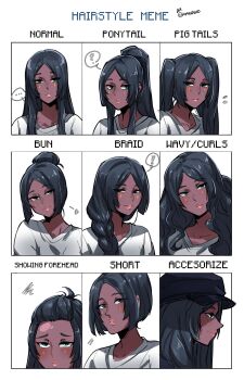 ! ... 1girl ? absurdres alternate_hairstyle ayanobro black_hair blush braid chart dark-skinned_female dark_skin english_text facial_mark fate/grand_order fate_(series) forehead from_side green_eyes hair_bun hat heart highres lips long_hair ponytail scheherazade_(fate) short_hair twintails wavy_hair