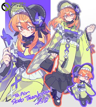 Rule 34 | 1girl, :c, :o, asymmetrical bangs, bag, black bow, black hat, black shoes, bow, bowtie, chibi, chibi inset, clenched hand, commentary request, commission, dekaimikan014, frilled kimono, frills, full body, green kimono, hair between eyes, hair bow, halftone, hand up, hat, head tilt, high heels, highres, holding, holding bag, japanese clothes, kimono, long hair, looking at viewer, loose hair strand, multicolored eyes, multiple views, obi, orange eyes, orange hair, original, patterned clothing, portrait, purple eyes, sash, shoes, signature, skeb commission, socks, solo, standing, thick eyelashes, two-tone eyes, upper body, white socks, wide sleeves