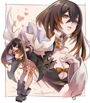 Rule 34 | 1girl, amo empool, artist name, black dress, breasts, cleavage, commentary, dress, fujimaru (green sparrow), full body, gachiakuta, hair between eyes, heart, highres, large breasts, long hair, multiple views, orange eyes, orange hair, panties, parted lips, scarf, smile, solo, underwear, white panties