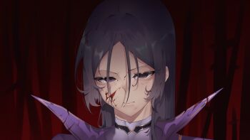 Rule 34 | 1girl, absurdres, angry, blood, fate/grand order, fate (series), glaring, highres, looking at viewer, mature female, minamoto no raikou (fate), purple eyes, purple hair, slob slime