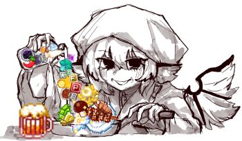 Rule 34 | 1girl, 1up, alcohol, animal ears, bad food, beer, beer mug, bird ears, bird wings, blush, bomb item (touhou), broccoli, chili pepper, commentary, crescent, cup, english commentary, frying pan, greyscale, grin, headscarf, highres, holding, holding frying pan, japanese clothes, kimono, long sleeves, looking at viewer, monochrome, mug, mushroom, mystia lorelei, okamisty, pouring, power item (touhou), rampa93, smile, touhou, touhou mystia's izakaya, wings
