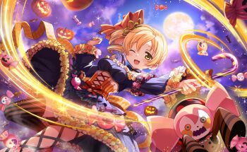 1girl artist_request asymmetrical_legwear black_bow black_choker black_dress black_pantyhose black_thighhighs blonde_hair blue_sky bow bow_choker candy candy_cane charlotte_(madoka_magica) choker cloud cloudy_sky corset cross-laced_clothes cross-laced_corset dot_nose dress drill_hair feet_out_of_frame fishnet_pantyhose fishnets flower_hairpin food frilled_dress frilled_sleeves frills full_moon game_cg hair_between_eyes hair_bow halloween happy highres holding holding_candy holding_candy_cane holding_food jack-o&#039;-lantern light_blush light_particles long_sleeves looking_at_viewer magic mahou_shoujo_madoka_magica mahou_shoujo_madoka_magica_magia_exedra medium_hair mismatched_legwear moon night night_sky official_alternate_costume official_art one_eye_closed open_mouth orange_bow orange_corset outdoors pantyhose short_dress side_ponytail single_leg_pantyhose single_thighhigh sky sleeve_garter smile sparkle striped_clothes striped_thighhighs tareme thighhighs tomoe_mami tomoe_mami_(bebe-o&#039;-lantern) vertical-striped_clothes vertical-striped_corset vertical-striped_thighhighs witch_(madoka_magica) yellow_eyes