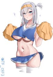 Rule 34 | 1girl, alternate costume, blue eyes, blue shirt, blue skirt, blush, breasts, chestnut mouth, cleavage, commentary request, cowboy shot, cropped shirt, grey hair, headband, highres, holding, holding pom poms, kantai collection, large breasts, long hair, looking at viewer, midriff, navel, one-hour drawing challenge, pom pom (cheerleading), pom poms, shirt, simple background, skirt, sleeveless, sleeveless shirt, solo, sparkle, suzutsuki (kancolle), tf cafe, thighhighs, twitter username, underboob, white background, white thighhighs, yellow headband