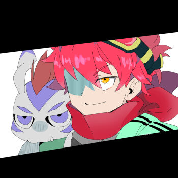 1boy black_border body_fur border close-up closed_mouth commentary_request digimon digimon_(creature) digimon_story:_time_stranger fang goggles goggles_on_head gomamon highres male_focus mimi_02525 mohawk partially_shaded_face purple_eyes red_hair red_scarf scarf sea_lion short_hair simple_background split_mouth white_background white_fur yuuki_dan