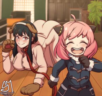 2girls age_difference alternate_costume animal_collar animal_ears animal_hands anya_(spy_x_family) ass bdsm black_hair blush bondage bound breasts chair coat collar dog_ears fake_animal_ears female_focus femdom flat_chest gloves hair_ornament happy highres huge_ass incest jacket large_breasts leash loli lolidom long_hair multiple_girls onee-loli open_mouth pet_play pink_hair semi_draws short_hair slave smile spy_x_family strap table television top-down_bottom-up wooden_floor yor_briar yuri