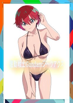1girl absurdres amate_yuzuriha aqua_eyes bikini breasts gundam gundam_gquuuuuux hair_between_eyes hand_on_knee highres large_breasts looking_at_viewer purple_bikini red_hair short_hair smile solo swimsuit title tonotyama wet white_background