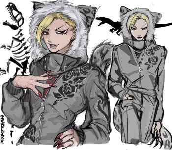 Rule 34 | 1boy, adapted costume, androgynous, animal ears, animal hood, animal print, black eyes, blonde hair, commentary, dinosaur, dinosaur skeleton, doctor ferdinand, fake animal ears, fang, fingernails, fur-trimmed hood, fur trim, grey jacket, grey pants, hand in pocket, hand on own chest, highres, hood, hood up, jacket, jewelry, jojo no kimyou na bouken, leopard, leopard ears, leopard print, long sleeves, looking at viewer, male focus, nail polish, naru tomaki, necklace, pants, piercing, red nails, sharp fingernails, short hair, steel ball run, symbol-only commentary, white background