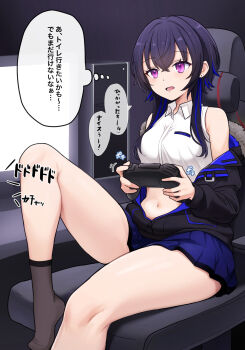 1girl bad_id bad_pixiv_id black_hair black_jacket black_socks blue_hair blue_skirt blush breasts chair controller game_controller highres holding holding_controller holding_game_controller ichinose_uruha ichinose_uruha_(4th_costume) jacket large_breasts minami_(minami_omo) multicolored_hair navel off_shoulder on_chair open_clothes open_jacket open_mouth purple_eyes shirt sitting skirt sleeveless socks solo sound_effects speech_bubble streaked_hair thought_bubble translation_request two-tone_hair virtual_youtuber vspo! white_shirt
