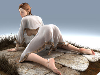 1girl 3d all_fours anklet ass barefoot breasts elf feet female_focus jewelry medium_breasts no_bra no_panties original pointy_ears see-through_clothes soles solo source_request toes