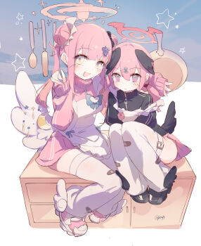 2girls absurdres alternate_costume apron bandaid black_jacket black_shoes blue_archive closed_mouth commentary_request double_bun frilled_apron frills frying_pan full_body hair_bun hair_ornament hair_scrunchie halo head_wings highres jacket jersey_maid kamono koharu_(blue_archive) long_hair looking_at_viewer maid maid_apron mika_(blue_archive) multiple_girls open_mouth pink_eyes pink_hair pink_halo pink_jacket pink_shoes scrunchie shoes sitting smile spoon star_(symbol) thighhighs track_jacket twintails unconventional_maid v white_apron white_thighhighs winged_halo winged_shoes wings yellow_eyes zettai_ryouiki