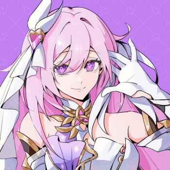 1girl artist_request bare_shoulders breasts chinese_commentary commentary_request commission corset elysia_(herrscher_of_human:_ego)_(honkai_impact) elysia_(honkai_impact) gloves honkai_(series) honkai_impact_3rd large_breasts long_hair multicolored_hair pink_hair purple_background purple_eyes second-party_source simple_background smile solo triquetra two-tone_hair upper_body veil very_long_hair white_corset white_gloves white_hair white_veil