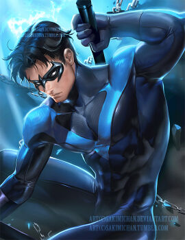 1boy abs batman_(series) black_hair bodysuit chain dc_comics dick_grayson domino_mask escrima_stick eye_mask gloves gradient_background male_focus mask nightwing sakimichan short_hair skin_tight solo superhero_costume toned watermark web_address