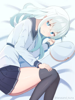 Rule 34 | 1girl, absurdres, black sailor collar, black skirt, black thighhighs, blue eyes, commentary request, fetal position, flat cap, grey hair, hammer and sickle, hat, hibiki (kancolle), highres, kantai collection, long sleeves, pleated skirt, sailor collar, school uniform, serafuku, shiny skin, shirt, skirt, solo, thighhighs, thighs, tuna-nuki tanasando, verniy (kancolle), white hat, white shirt