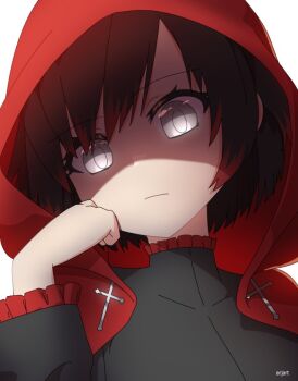 1girl 2023 20s ar_jart artist_name black_dress black_hair clenched_hand close-up closed_mouth dress glaring gradient_hair grey_eyes hand_on_own_chin hood hood_up looking_at_viewer multicolored_hair red_hair ruby_rose rwby shaded_face shadow short_hair solo white_background