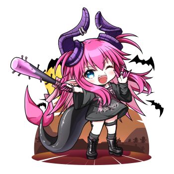 1girl ;d \n/ animal baseball_bat bat_(animal) black_boots black_shirt blue_eyes blush boots brown_socks chibi commentary_request dragon_girl dragon_horns dragon_tail elizabeth_bathory_(fate) elizabeth_bathory_(perfect)_(fate) fangs fate/grand_order fate_(series) full_body highres holding holding_baseball_bat horns kuena lace-up_boots layered_sleeves long_hair long_sleeves looking_at_viewer nail_(hardware) nail_bat one_eye_closed open_mouth pink_hair pointy_ears shirt short_over_long_sleeves short_sleeves smile socks solo standing tail v-shaped_eyebrows very_long_hair wide_sleeves