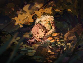 1boy bone bug chinese_commentary closed_mouth commentary_request deep_wound dilang587 disembodied_head fly guro hatsutori_hajime highres holding injury insect long_hair male_focus outdoors parted_bangs partially_submerged pink_hair red_eyes rotting saibou_shinkyoku smile solo