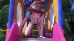 1boy 1girl 3d animated blush bouncing_breasts breasts brown_hair censored clothed_sex doggystyle facing_viewer hetero loli looping_animation mm-star no_panties outdoors playground sex sex_from_behind small_breasts socks sound tagme to_love-ru torso_grab video yuuki_mikan