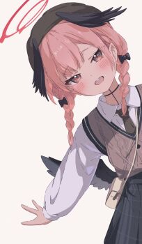1girl alternate_costume bag beret black_bow black_hat black_necktie black_skirt black_wings blue_archive blush bow braid collared_shirt commentary_request feathered_wings hair_bow halo handbag hat head_wings highres kazueru koharu_(blue_archive) long_sleeves looking_at_viewer low_wings medium_hair necktie open_mouth peeking_out pink_eyes pink_hair plaid_clothes plaid_skirt red_halo shirt simple_background skirt smile solo sweater_vest teeth twin_braids upper_teeth_only white_background white_shirt wings