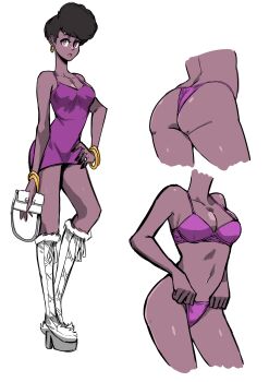 1girl aaliyah_(biku) absurdres adjusting_clothes adjusting_panties ass biku black_hair boots bra bracelet breasts cleavage dark-skinned_female dark_skin dress earrings highres hoop_earrings jewelry large_breasts looking_at_viewer navel original panties purple_bra purple_dress purple_panties reference_sheet simple_background solo underwear white_background white_boots