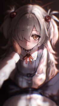 1boy 1girl absurdres autreeyah black_dress black_pants blue_archive brown_eyes brown_halo closed_mouth collared_shirt commentary dress hair_ornament halo hand_on_another's_cheek hand_on_another's_face hetero highres kanoe_(blue_archive) long_hair long_sleeves looking_at_viewer pants pinafore_dress pov shirt sleeveless sleeveless_dress smile solo_focus white_hair white_shirt