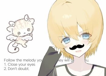 Rule 34 | 1boy, :d, androgynous, animification, black sleeves, black trim, blonde hair, blue eyes, blush, chinese commentary, chiyan00970, commentary request, double-parted bangs, english text, eyes visible through hair, fake facial hair, fake mustache, hair between eyes, hair intakes, hand up, head tilt, large forehead, long sleeves, looking at viewer, male focus, open mouth, pale skin, portrait, raglan sleeves, randy stair, real life, shirt, short hair, sidelocks, simple background, sleeves past wrists, smile, solo, straight-on, tongue, true crime, two-tone shirt, v-shaped eyebrows, white background, white shirt