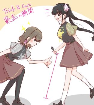 2girls 5th_live_tour_~4pair_power_spread!!!!~ animification black_hair black_pantyhose black_shirt black_shoes breasts brown_hair brown_skirt brown_sleeves commentary_request flower grey_sleeves hair_flower hair_ornament highres holding holding_microphone kan_kanna large_breasts link!_like!_love_live! loafers long_hair looking_at_another love_live! medium_hair medium_skirt microphone miyake_miu momiji_(moj_0404) multiple_girls notice_lines pantyhose pink_flower pleated_skirt real_life shaka_sign shirt shoes skirt socks sparkle translation_request trick_&amp;_cute_(love_live!) twintails voice_actor white_socks