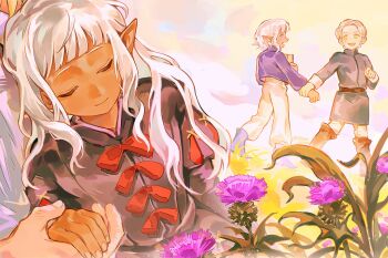 3boys :d aged_down boots bow closed_eyes dark-skinned_male dark_skin dated delgal_(dungeon_meshi) dungeon_meshi elf flower highres holding_another&#039;s_wrist holding_hands jacket jester kasumi007 light_smile long_hair multiple_boys open_mouth pants pointy_ears purple_eyes purple_jacket red_bow short_hair smile spoilers thistle thistle_(dungeon_meshi) tunic twitter_username white_hair white_pants yaad_(dungeon_meshi) yellow_eyes