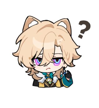 1boy :&lt; ? animal_ear_fluff animal_ears aqua_shirt aventurine_(honkai:_star_rail) black_gloves black_jacket blonde_hair blue_eyes cat_boy cat_ears chibi chibi_only chinese_commentary cleavage_cutout closed_mouth clothing_cutout collared_shirt cropped_torso earrings frown fur-trimmed_jacket fur_trim gloves hair_between_eyes hand_up honkai:_star_rail honkai_(series) jacket jewelry kayu_(yukagoin) kemonomimi_mode long_sleeves looking_at_viewer male_focus medium_hair multicolored_eyes pointing pointing_at_self purple_eyes shirt simple_background single_earring solo transparent_background upper_body white_background