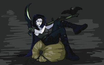 1girl absurdres bird black_hair boots cape cloak colored_skin crow epaulettes full_body grey_skin grin highres holding holding_scythe hood hood_up hooded_cloak jet_(shadow_slave) knees_up looking_at_viewer over_shoulder pennynickledime pumpkin scythe shadow_slave short_hair sitting smile solo weapon weapon_over_shoulder