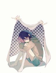 Rule 34 | 1boy, alternate costume, arms on knees, black cape, blue shorts, cape, checkered cape, commentary, crossed arms, danganronpa (series), danganronpa v3: killing harmony, disembodied limb, full body, green hoodie, green sleeves, hair between eyes, head on arm, highres, holding, holding cape, holding clothes, hood, hood down, hoodie, kneehighs, knees up, long sleeves, looking at viewer, no shoes, oma kokichi, omanyam1, parted lips, purple eyes, purple hair, shadow, short hair, shorts, simple background, sitting, smile, socks, solo, symbol-only commentary, two-sided cape, two-sided fabric, two-tone cape, white background, white cape, white socks