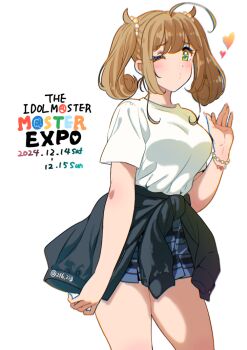 1girl 216_zig ;o ahoge black_jacket bracelet breasts brown_hair clothes_around_waist commentary_request dated green_eyes grey_skirt heart idolmaster idolmaster_cinderella_girls jacket jacket_around_waist jewelry looking_at_viewer medium_breasts one_eye_closed pleated_skirt sato_shin shirt short_sleeves simple_background skirt solo t-shirt thighs twintails twitter_username white_background white_shirt