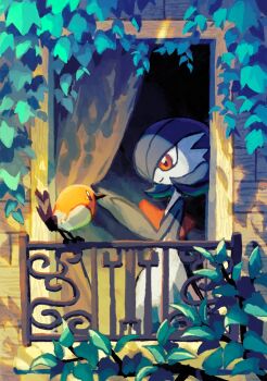 aruco_co bird bob_cut colored_skin curtains fletchling gardevoir gen_3_pokemon gen_6_pokemon green_hair green_skin highres multicolored_skin nintendo pink_eyes plant pokemon pokemon_(creature) smile two-tone_skin white_skin