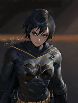 1girl artist_name batgirl batman_(series) batman_symbol belt black_cape black_hair breasts brown_eyes cape cassandra_cain closed_mouth commentary dc_comics english_commentary highres light_frown medium_breasts no_mask short_hair solo superhero_costume the_batman_(2022) the_hikari utility_belt