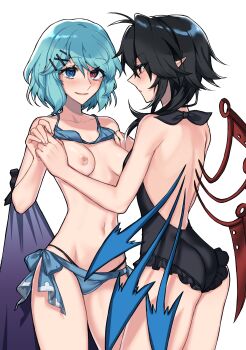 2girls absurdres aqua_hair ass asymmetrical_wings back backless_swimsuit bikini bikini_top_lift black_hair black_one-piece_swimsuit blue_bikini blue_eyes blue_wings blush breasts clothes_lift commentary_request commission hair_between_eyes hair_ornament heterochromia highres himadera holding_hands houjuu_nue looking_at_another medium_breasts multiple_girls navel nipples one-piece_swimsuit pointy_ears purple_umbrella red_eyes red_wings short_hair simple_background skeb_commission smile swimsuit tatara_kogasa touhou umbrella white_background wings x_hair_ornament yuri