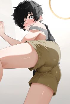 1boy absurdres ass black_eyes black_hair blush bulge commentary embarrassed from_below full-face_blush green_shorts highres looking_back m1_tsuru male_focus original shiny_skin short_hair shorts solo strap_slip sweatdrop symbol-only_commentary tank_top thighs