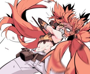 1girl ahoge animal_ears bare_shoulders bear_ears black_gloves breasts crop_top eyepatch fake_animal_ears fingerless_gloves gloves hair_between_eyes hair_ornament holding koleda_belobog long_hair looking_at_viewer mayic11 midriff navel pants red_eyes red_hair solo sphere_hair_ornament twintails zenless_zone_zero