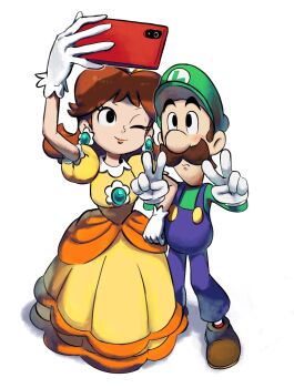Rule 34 | 1boy, 1girl, black eyes, blue overalls, blush, brown hair, cellphone, commentary, dress, earrings, facial hair, flower earrings, gloves, green hat, green shirt, hat, highres, jewelry, locked arms, luigi, mari luijiroh, mario (series), mustache, nintendo, one eye closed, orange dress, overalls, phone, princess daisy, puffy short sleeves, puffy sleeves, selfie, shirt, short sleeves, simple background, smartphone, smile, untranslatable commentary, v, white background, white gloves