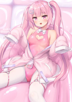 1girl :d artist_name bare_shoulders blunt_bangs blush bow breasts clothing_cutout dot_nose hair_ornament hairclip heart_cutout highres inflatable_chair leotard long_hair looking_at_viewer medium_breasts open_clothes open_mouth open_shirt original pantyhose pink_hair pink_leotard pink_shirt purple_eyes sasaame shirt sidelocks signature sleeves_past_fingers sleeves_past_wrists smile twintails twitter_username white_bow white_pantyhose zipper