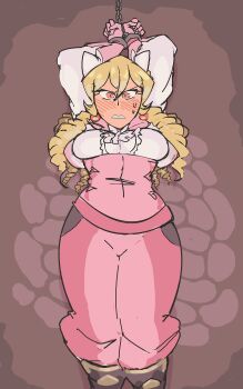 arms_up bdsm blonde_hair blush bondage bound bow cuffs davewaterfalls drill_hair fire_emblem fire_emblem_awakening hair_bow long_hair manacles maribelle_(fire_emblem) nintendo pink_eyes shackles sweat