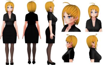 1girl 3d a-pose ahoge black_footwear black_shirt black_skirt blonde_hair blue_eyes blush breasts brown_pantyhose buttons cleavage collared_shirt earrings emiliana_(vtuber) from_behind from_side full_body hair_behind_ear heart heart_earrings high_heels highres indie_virtual_youtuber jewelry lips long_sidelocks medium_breasts medium_skirt mole mole_under_eye mole_under_mouth multiple_views official_art pantyhose partially_unbuttoned pencil_skirt pumps reference_sheet shirt shoes sidelocks single_sidelock skirt star_(symbol) straight-on turnaround