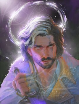 1boy artist_name beard black_hair clair_obscur:_expedition_33 closed_mouth commentary english_commentary facial_hair fingerless_gloves gloves grey_eyes halo highres holding kiasherria lapels lips looking_at_viewer male_focus multicolored_hair notched_lapels parted_hair scar scar_across_eye scar_on_face solo streaked_hair verso_(clair_obscur:_expedition_33) watermark white_hair