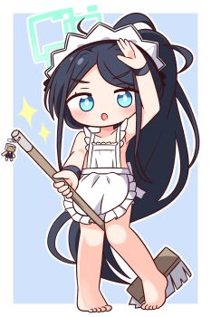 Rule 34 | 1girl, :o, absurdres, ahoge, apron, aris (blue archive), aris (maid) (blue archive), arm up, barefoot, black hair, blue archive, blue background, blue eyes, blush, border, broom, collarbone, commentary request, full body, green halo, halo, hana kazari, highres, holding, holding broom, long hair, looking at viewer, maid headdress, naked apron, open mouth, outline, outside border, parted bangs, rectangular halo, revision, simple background, solo, sparkle, standing, v-shaped eyebrows, very long hair, white apron, white border, white outline