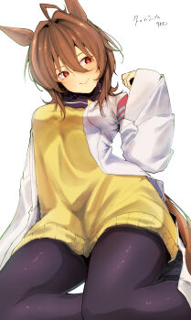 Rule 34 | 1girl, absurdres, agnes tachyon (tach-nology) (umamusume), agnes tachyon (umamusume), ahoge, animal ears, black necktie, black pantyhose, black shirt, breasts, brown hair, closed mouth, collared shirt, commentary, gorioshi0802, hair between eyes, highres, horse ears, horse girl, horse tail, lab coat, looking to the side, necktie, pantyhose, red eyes, shirt, short hair, sleeves past wrists, smile, solo, sweater, tail, umamusume, yellow sweater