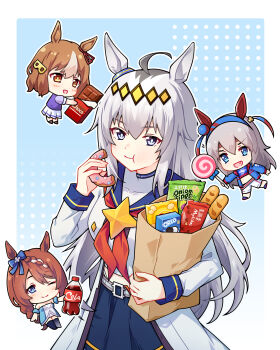 Rule 34 | 4girls, ahoge, animal ears, bag, baguette, belno light (umamusume), blue bow, blue dress, blue eyes, blue hairband, blue jacket, blue sailor collar, blue skirt, blue sports bra, blush, bottle, bow, braid, bread, breasts, brooch, brown hair, candy, chibi, chinese commentary, chips (food), chocolate, closed mouth, commentary request, condottieri, donut, dress, ear covers, ear ornament, ear ribbon, eating, fang, food, grey hair, hair between eyes, hair ornament, hairband, headband, highres, holding, holding candy, holding donut, holding food, holding lollipop, horse ears, horse girl, horse tail, jacket, jewelry, lay's (potato chips), lightning bolt print, lightning bolt symbol, lollipop, long hair, long sleeves, midriff, multicolored hair, multicolored hairband, multiple girls, neckerchief, oguri cap (starlight beat) (umamusume), oguri cap (umamusume), one eye closed, onion rings, open mouth, oreo, pants, paper bag, partial commentary, pleated skirt, puffy short sleeves, puffy sleeves, purple shirt, red headband, red neckerchief, sailor collar, sailor shirt, school uniform, shirt, shopping bag, short hair, short sleeves, skirt, smile, soda bottle, sports bra, star brooch, streaked hair, striped clothes, striped hairband, super creek (murmuring stream) (umamusume), super creek (umamusume), tail, tamamo cross (fast as lightning) (umamusume), tamamo cross (umamusume), tracen school uniform, two-tone hair, two-tone hairband, umamusume, umamusume: cinderella gray, very long hair, white hair, white jacket, white pants, white shirt, white skirt